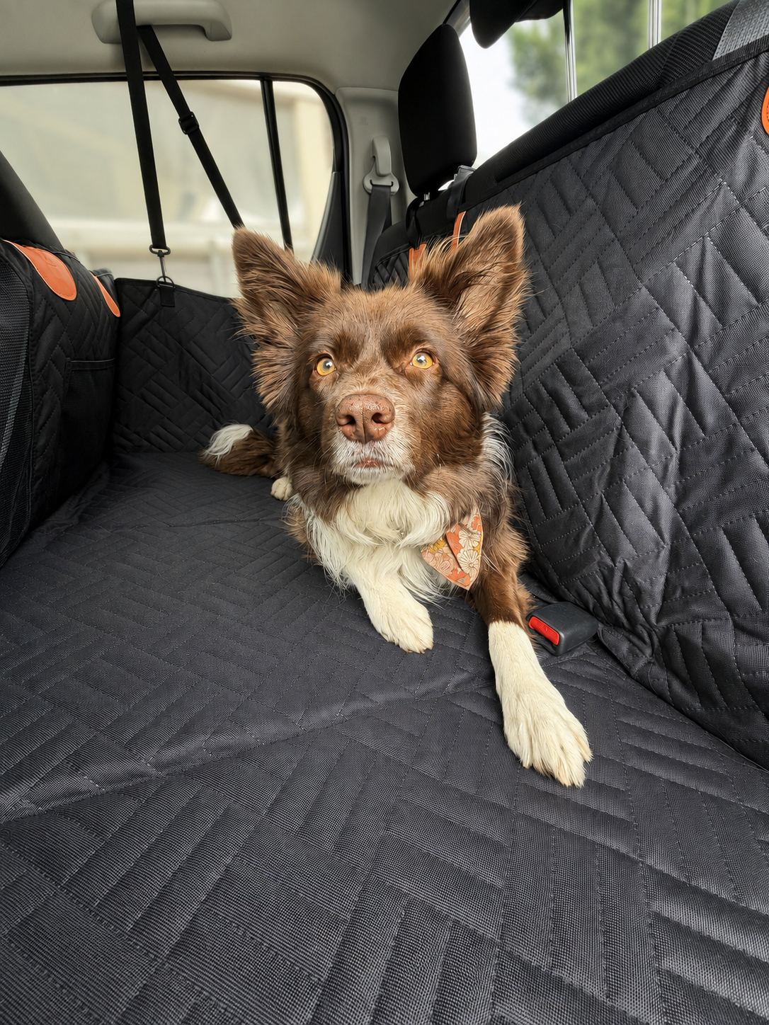Rear view of the Wagvora back-seat extender's level platform with seat-back storage pockets on both sides and a large brown dog standing on the firm base