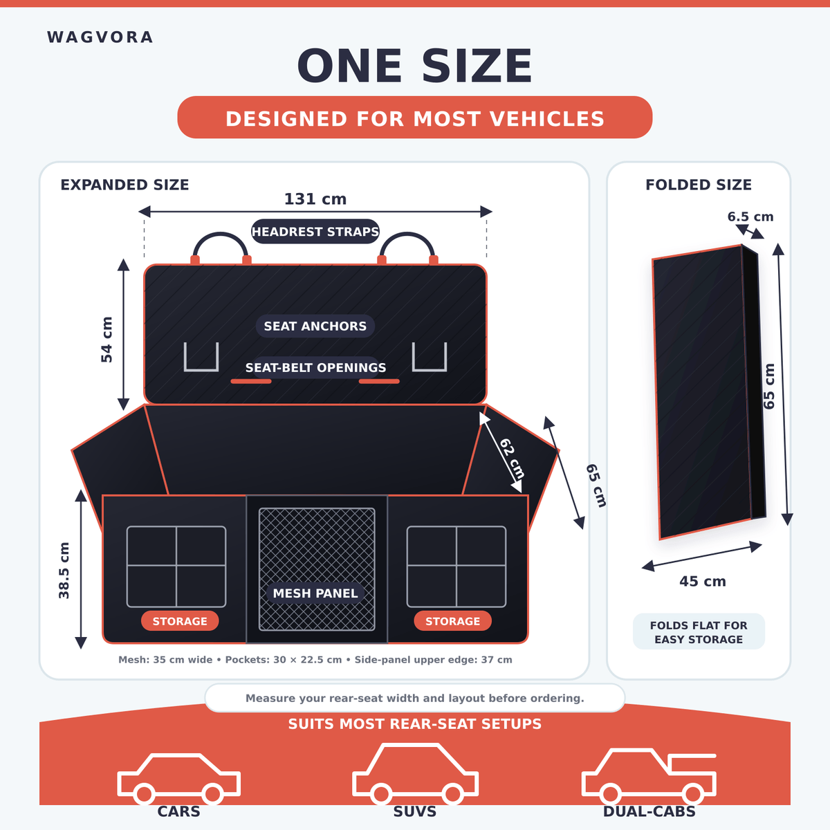 Wagvora Back Seat Extender dimensions: approximately 132 × 62 × 55 cm overall