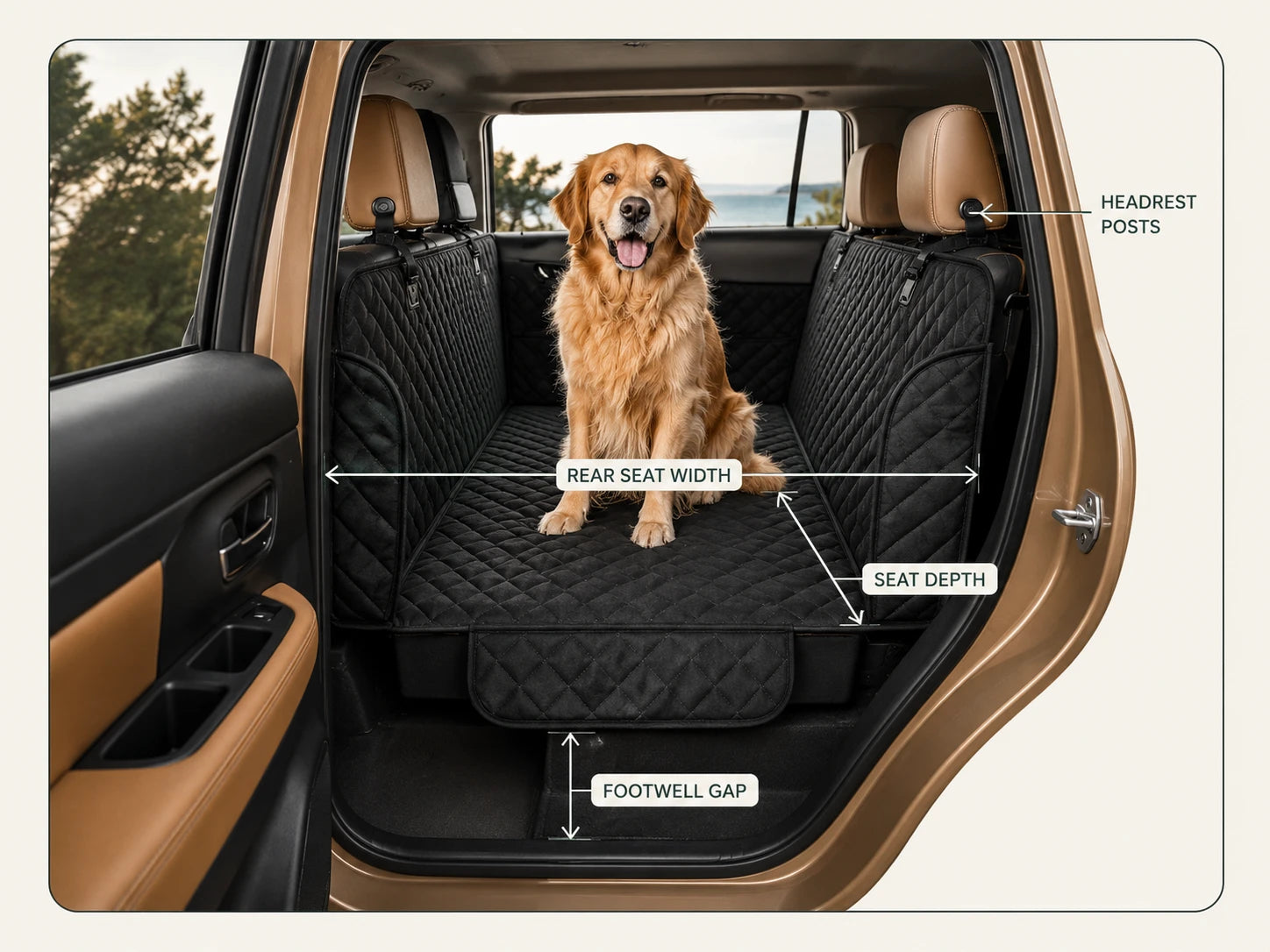 Diagram of a car back seat showing where to measure rear-seat width, seat depth, footwell gap and headrest posts