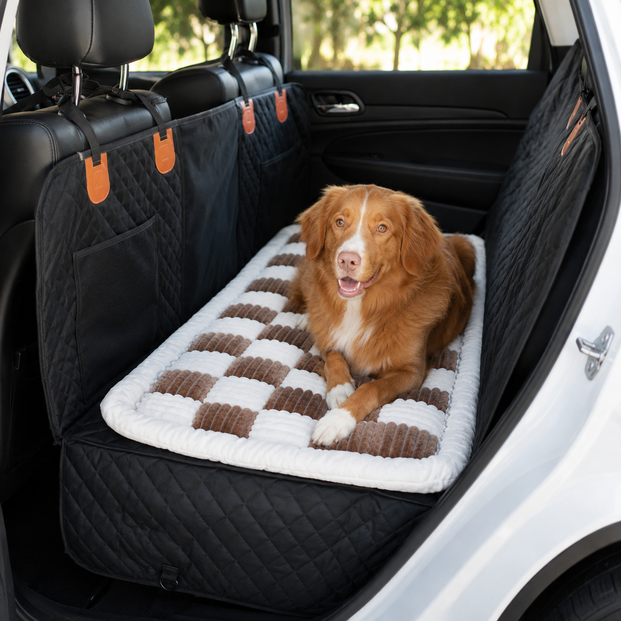 Reddish-brown dog lying on the Wagvora Plush Back Seat Travel Bed in the back seat of a car